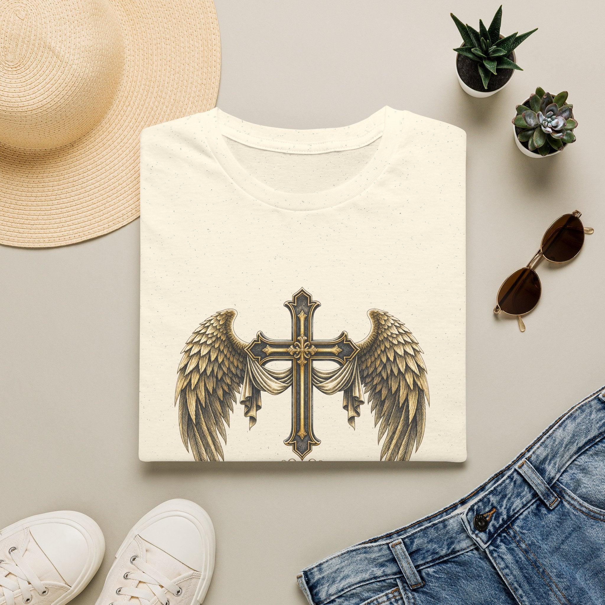 Winged Cross with Shield T-Shirt | Father Protects Memorial T-Shirt