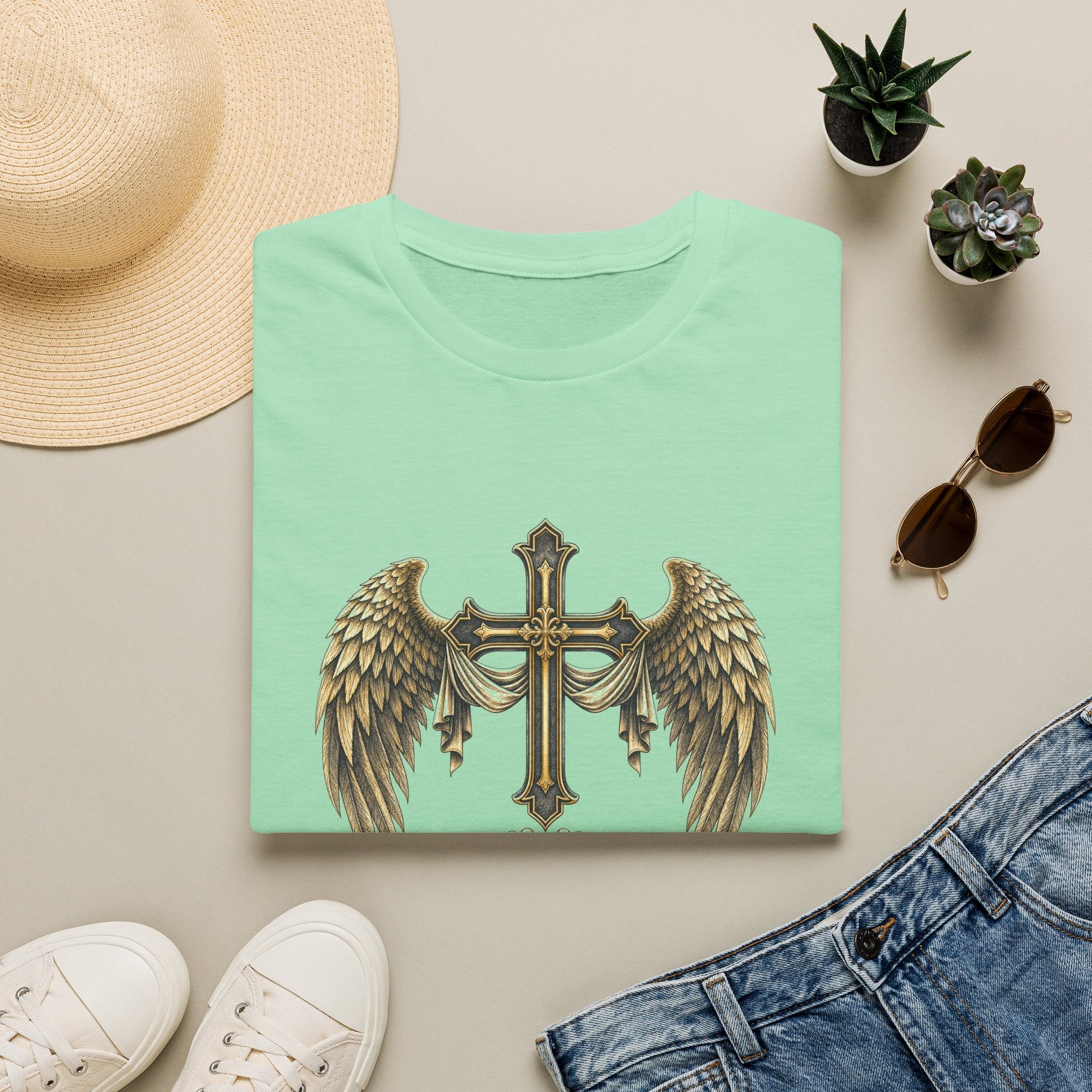 Winged Cross with Shield T-Shirt | Father Protects Memorial T-Shirt