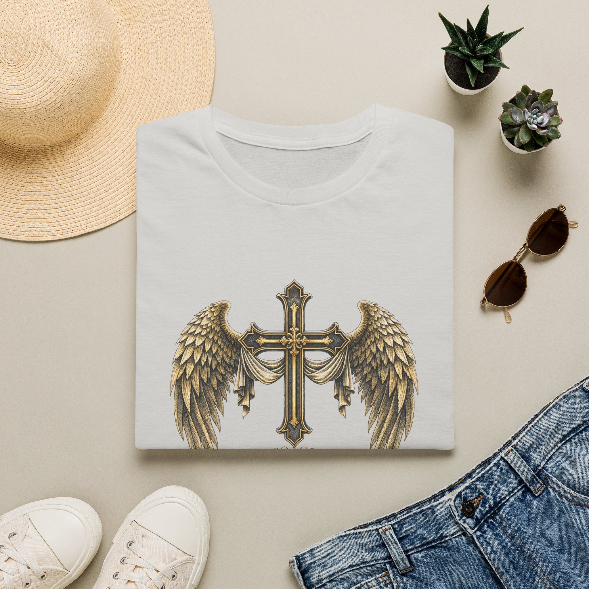 Winged Cross with Shield T-Shirt | Father Protects Memorial T-Shirt