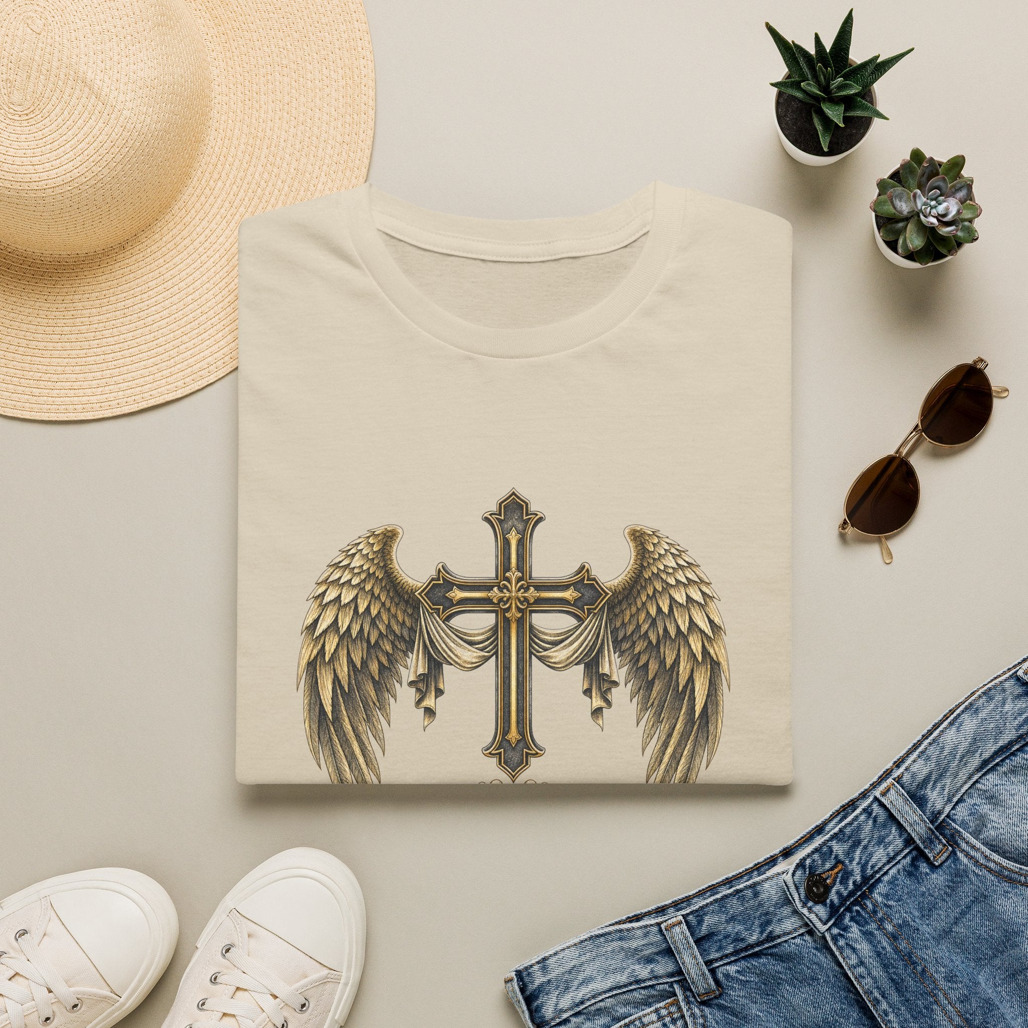 Winged Cross with Shield T-Shirt | Father Protects Memorial T-Shirt