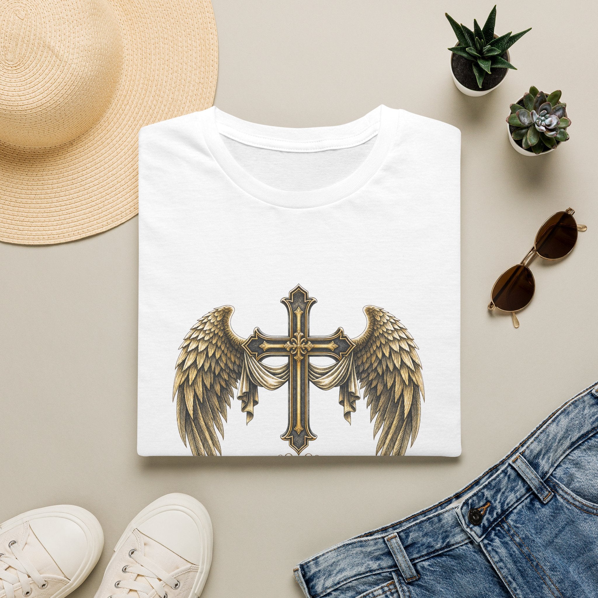 Winged Cross with Shield T-Shirt | Father Protects Memorial T-Shirt