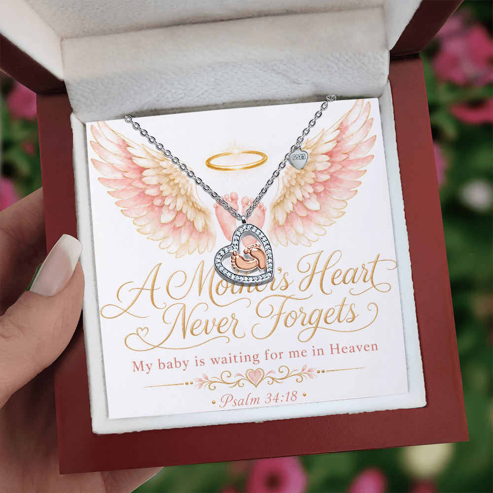 A Mother's Heart Never Forgets. A Baby is Waiting for Me in Heaven. Baby Feet Heart Necklace