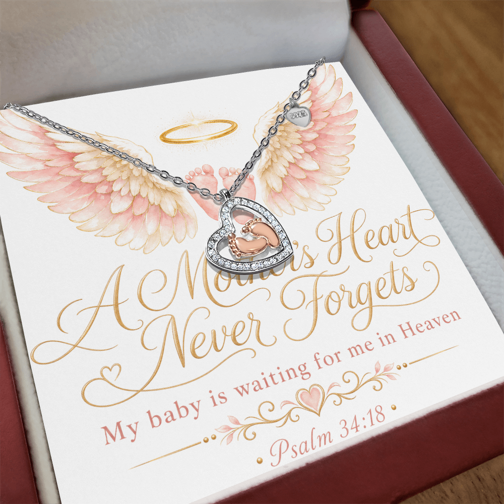 A Mother's Heart Never Forgets. A Baby is Waiting for Me in Heaven. Baby Feet Heart Necklace