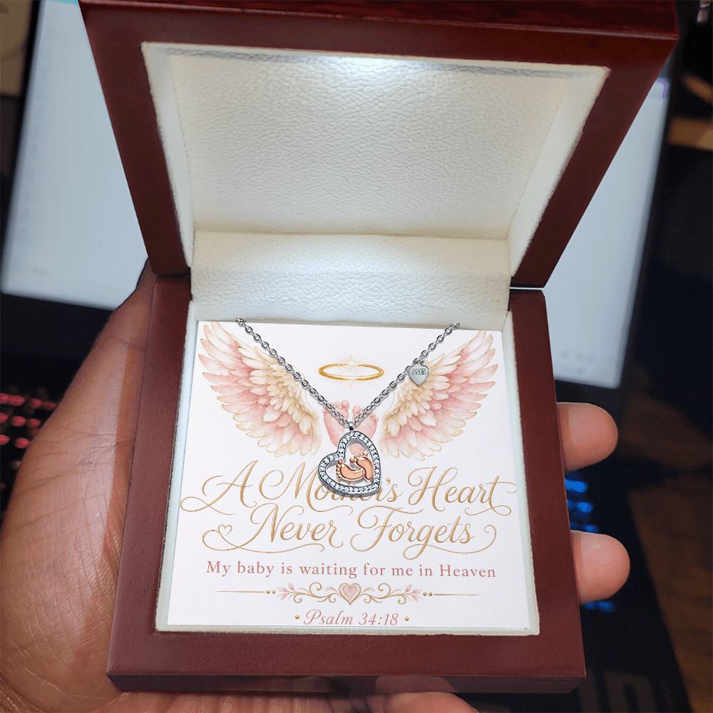 A Mother's Heart Never Forgets. A Baby is Waiting for Me in Heaven. Baby Feet Heart Necklace