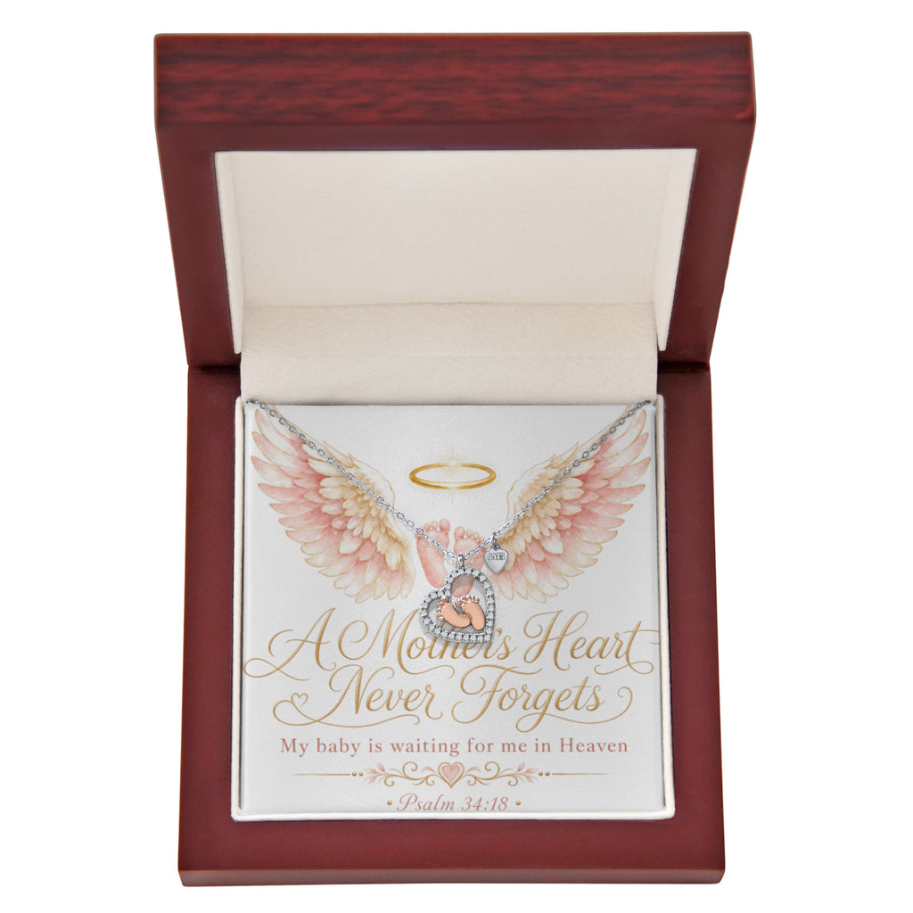 A Mother's Heart Never Forgets. A Baby is Waiting for Me in Heaven. Baby Feet Heart Necklace