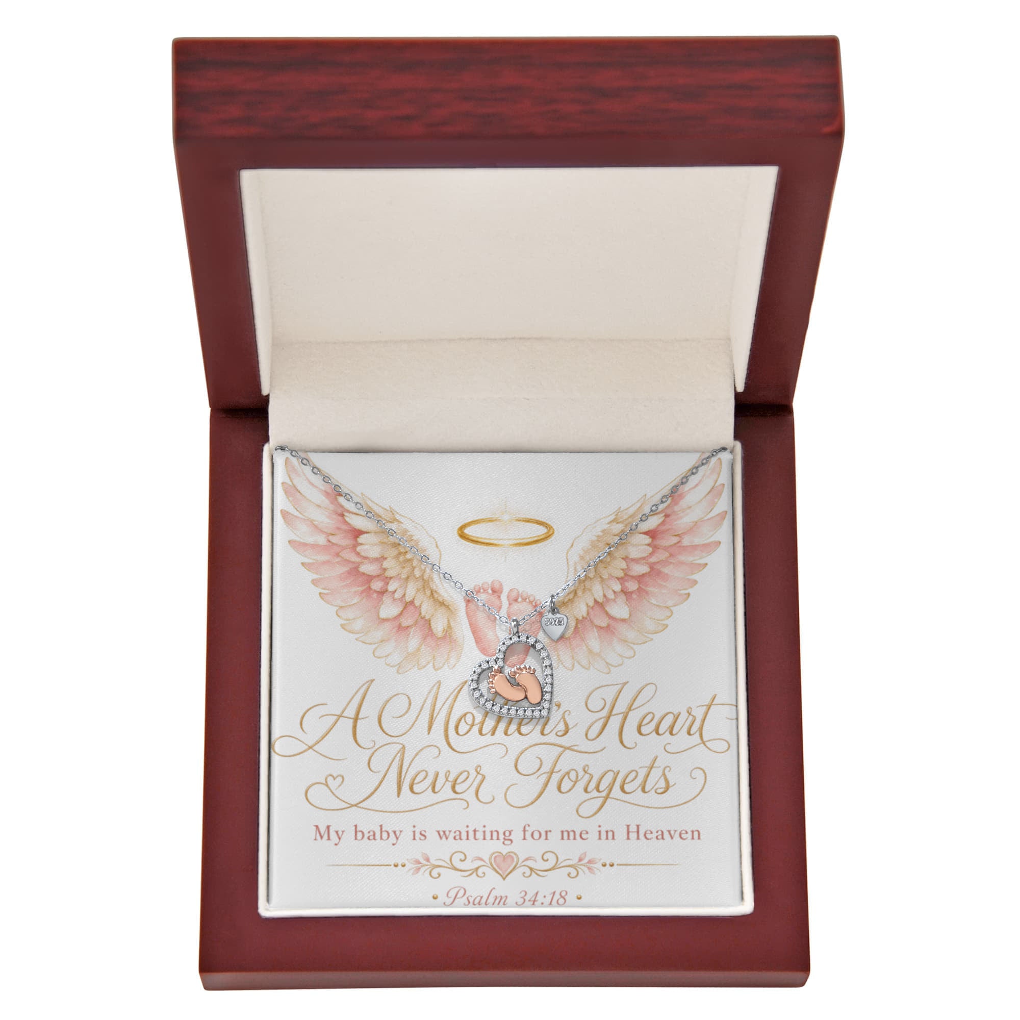 A Mother's Heart Never Forgets. A Baby is Waiting for Me in Heaven. Baby Feet Heart Necklace